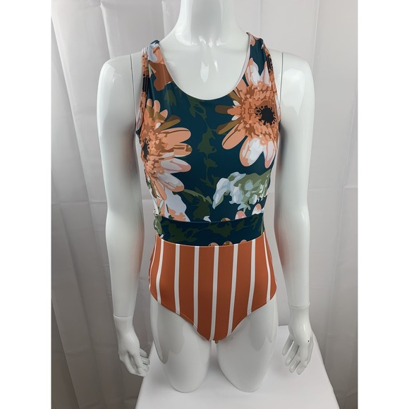 The Unbranded Brand Other - Almarea Women's Top Size Small Floral High Neck Zip Tie Back Orange